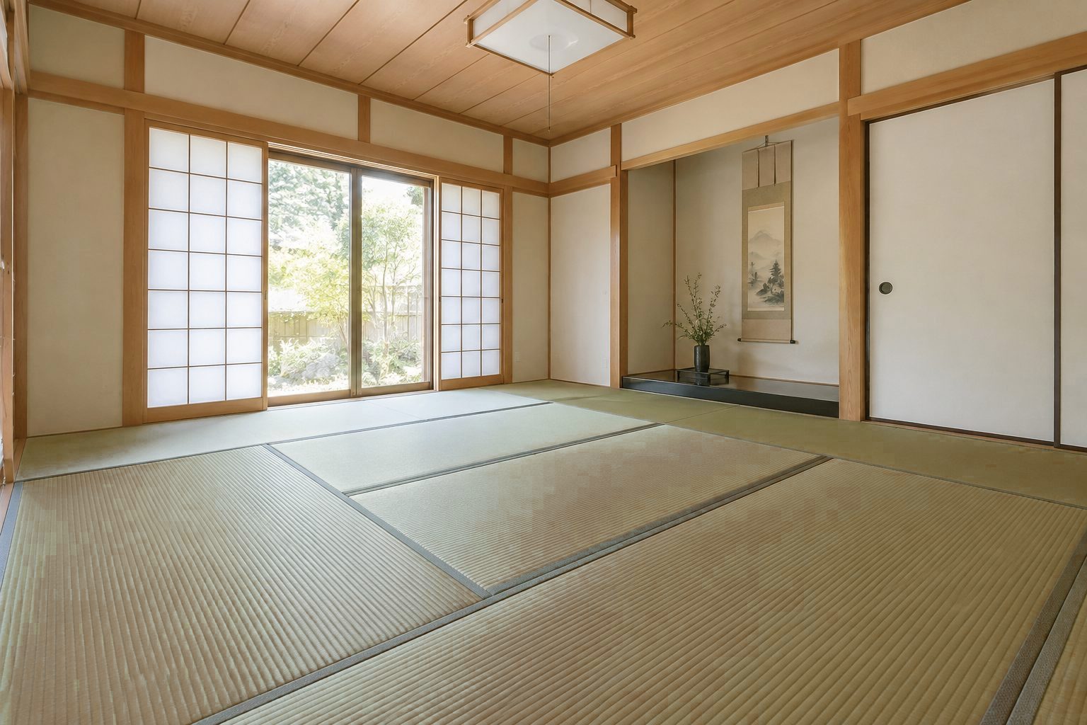 張り替え前。日焼けして黄色く色あせた畳の和室（イメージ）