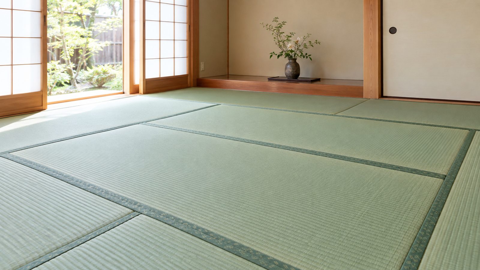 日本の和室に敷かれた青々とした新しい畳。障子から自然光が差し込んでいる（イメージ）