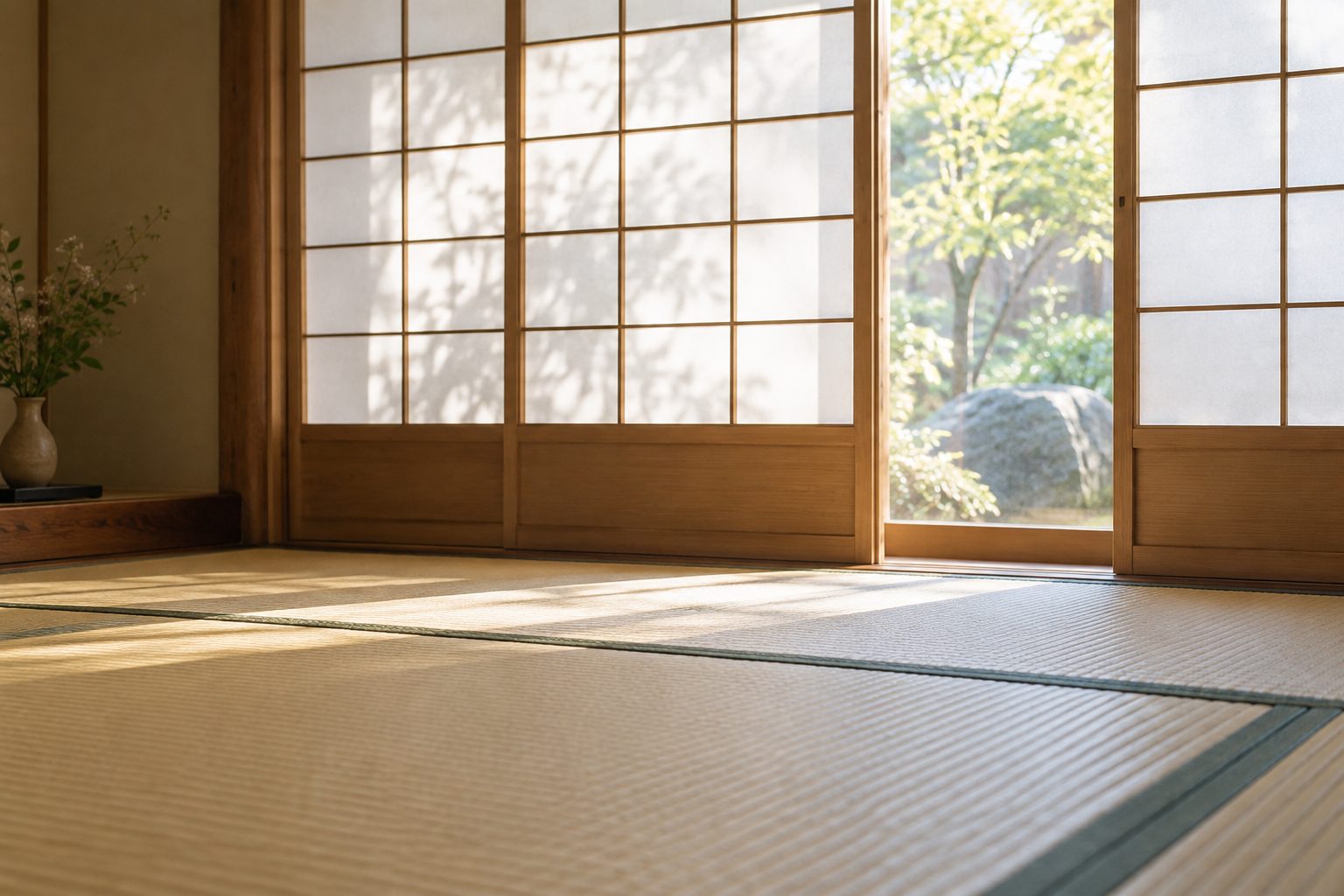 障子越しに柔らかい光が差し込む和室の窓辺